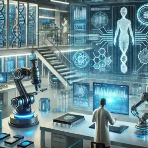 Laboratório de alta tecnologia com cientistas trabalhando em inovação, incluindo telas digitais futuristas, braços robóticos e análise de DNA em holograma. Imagem representativa da ciência e Tecnologia