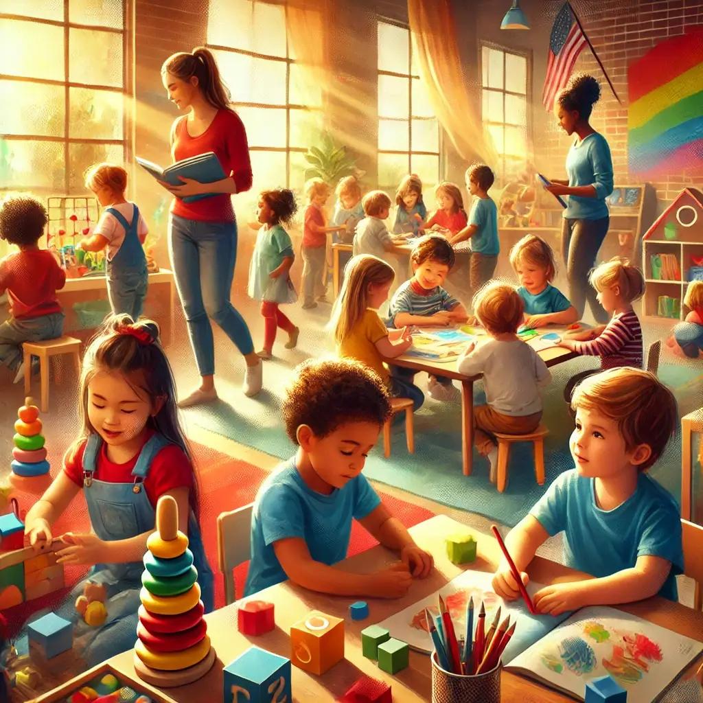 Crianças em um ambiente de Educação Infância, participando de atividades lúdicas e educativas com brinquedos pedagógicos, livros e materiais de arte, sob a orientação de uma professora em uma sala de aula colorida e acolhedora.