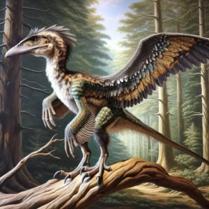 Uma ilustração de um Archaeopteryx, um dinossauro alado com penas, posado em um galho de árvore.