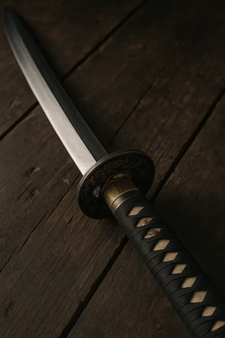 Katana samurai com cabo tradicional preto e dourado sobre madeira escura, símbolo da honra e do legado dos samurais japoneses.
