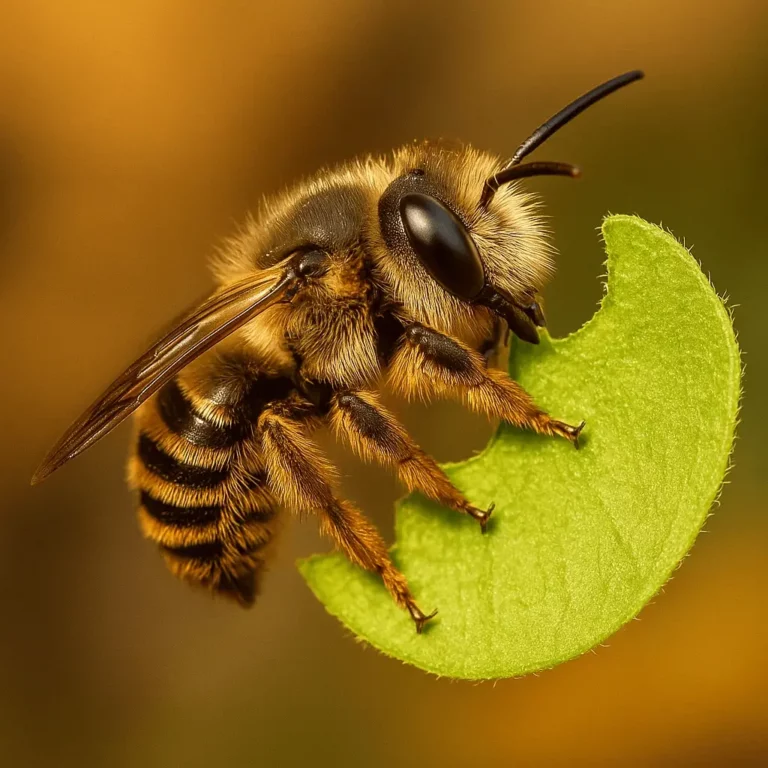 A importância das abelhas cortadoras de folhas (Megachile spp.): close-up ultra-realista de uma abelha transportando um pedaço de folha verde.