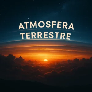 Imagem cinematográfica da atmosfera terrestre ao pôr do sol, com o texto “Atmosfera Terrestre” centrado e em destaque sobre camadas visíveis de nuvens, luz solar e céu estrelado.