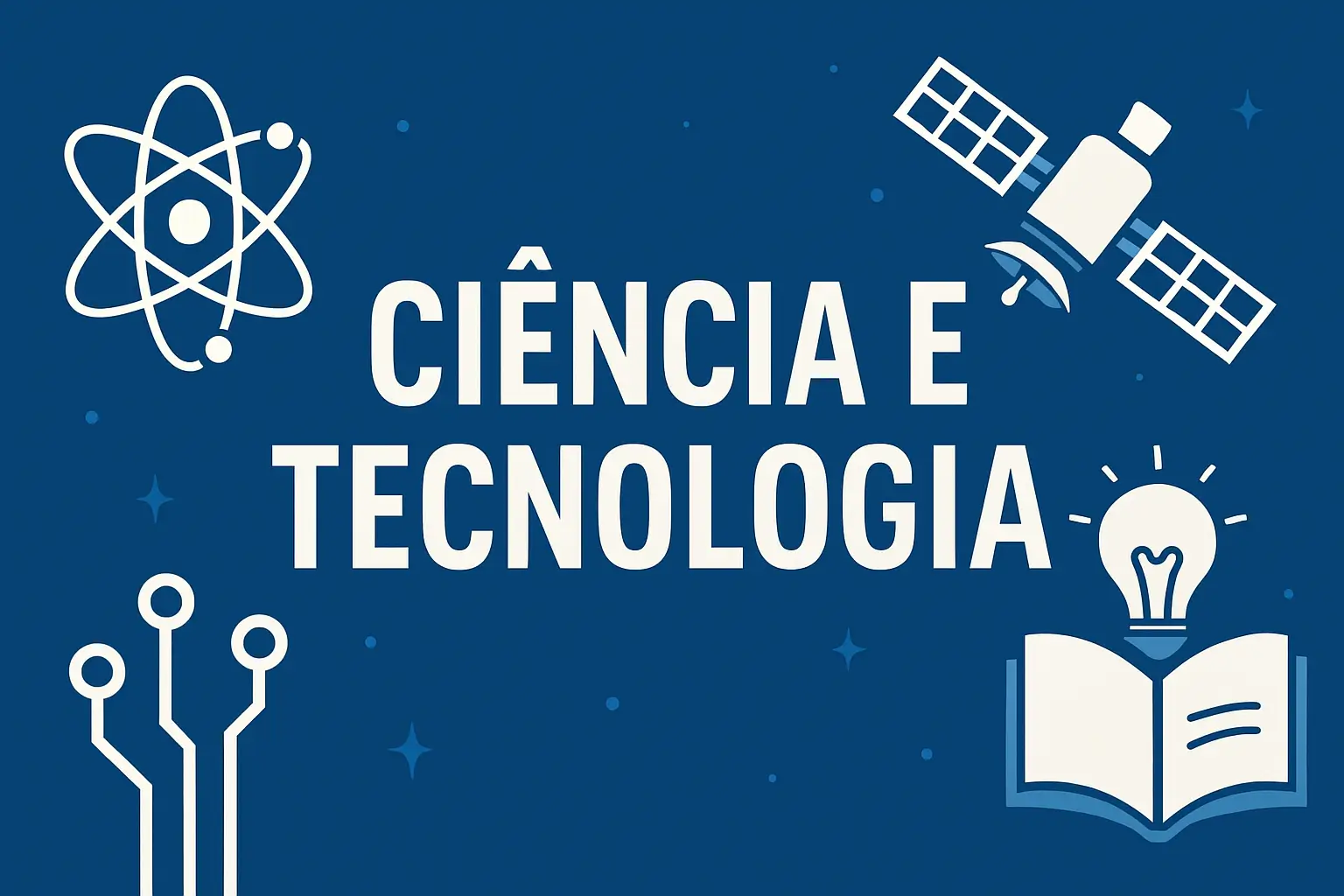 Banner com fundo azul, ícones de átomo, satélite, livro e lâmpada