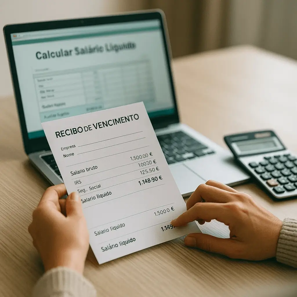 Trabalhador a calcular salário líquido em Portugal, com simulador no portátil, recibo de vencimento e calculadora sobre a secretária.