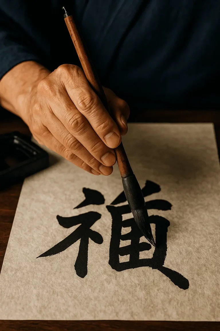 Mão de calígrafo japonês escrevendo um kanji com pincel tradicional shodō sobre papel de arroz, arte associada à disciplina e à filosofia dos samurais.