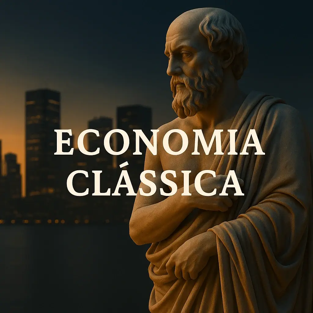 Estátua de Adam Smith diante de uma cidade moderna iluminada ao entardecer, com gráfico económico transparente sobreposto.