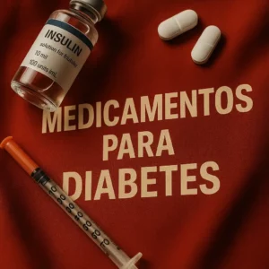 Frasco de insulina, seringa e comprimidos dispostos sobre tecido vermelho com a frase “Medicamentos para Diabetes” em destaque ao centro.