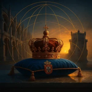 Monarquia portuguesa: coroa real sobre almofada azul e esfera armilar, com Mosteiro dos Jerónimos e Torre de Belém ao pôr do sol.