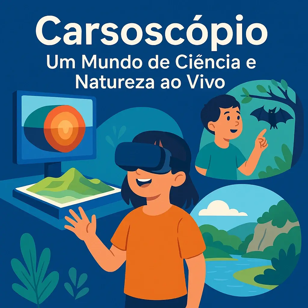 Ilustração moderna com crianças a interagir com ciência no Carsoscópio: realidade virtual, geologia, fauna subterrânea e natureza envolvente.