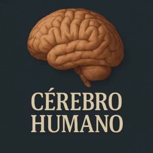 Ilustração realista do cérebro humano em tons acastanhados, com relevo detalhado das pregas cerebrais, sobre um fundo azul escuro. Abaixo da imagem, surge o texto centralizado “CÉREBRO HUMANO” em letras grandes de estilo clássico e cor clara.
