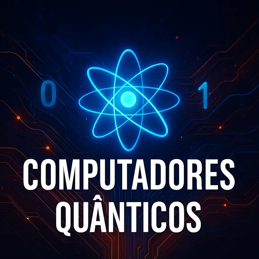 Banner digital com o título "Computadores Quânticos", mostrando um átomo brilhante, números binários e efeitos de energia sobre um fundo tecnológico.