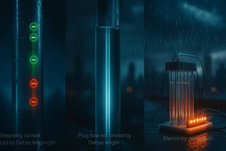 Triṕtico ultra-realista que mostra i&otilde;es num microtubo (corrente de streaming), plug flow num capilar e LEDs acesos &mdash; a ilustrar como transformar &aacute;gua da chuva em energia limpa e renov&aacute;vel.