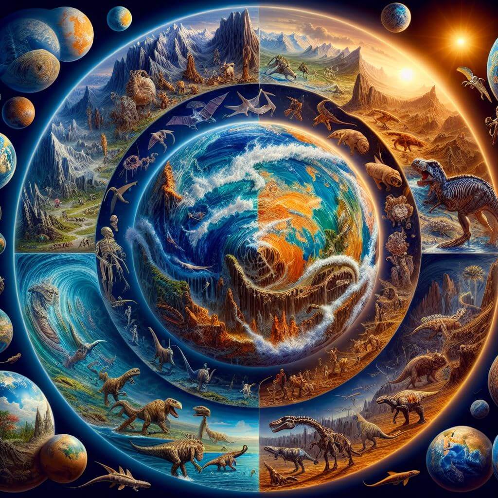 Ilustração da História da Terra ao longo de 4,5 mil milhões de anos, mostrando diferentes eras geológicas e eventos significativos