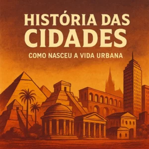 Capa ilustrada com o título “História das Cidades: Como Nasceu a Vida Urbana”, com fundo estilizado em tons quentes e elementos urbanos representando diferentes épocas da civilização humana.