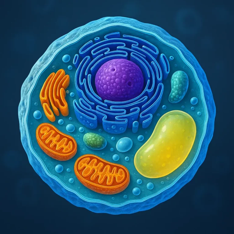 Ilustração realista de uma célula, mostrando a membrana plasmática, núcleo, organitos celulares e detalhes estruturais internos.