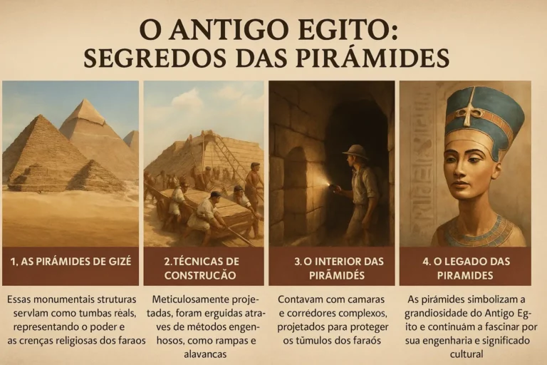 Infográfico horizontal sobre o Antigo Egito com imagens realistas das pirâmides de Gizé, técnicas de construção, interior das pirâmides e legado cultural dos faraós.
