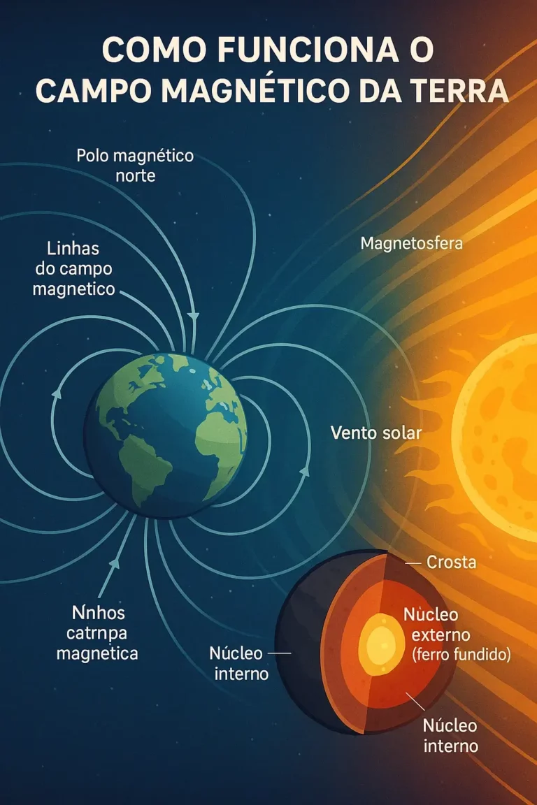 Infográfico explicativo sobre como funciona o campo magnético da Terra, com linhas magnéticas, vento solar, magnetosfera e estrutura interna do planeta.