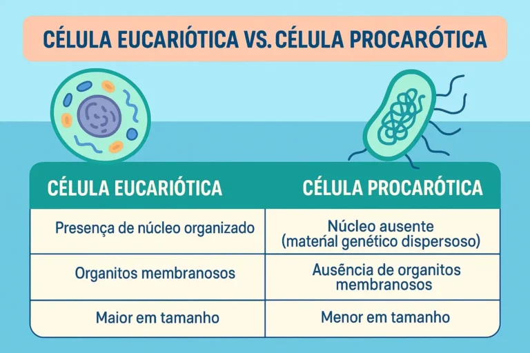 Infográfico comparativo entre célula procariótica e célula eucariótica, destacando as diferenças estruturais, o núcleo e os organitos.
