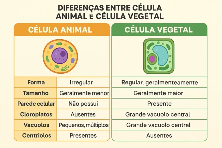 Infográfico comparativo entre célula animal e célula vegetal, destacando diferenças como parede celular, cloroplastos, vacúolos e formato celular.