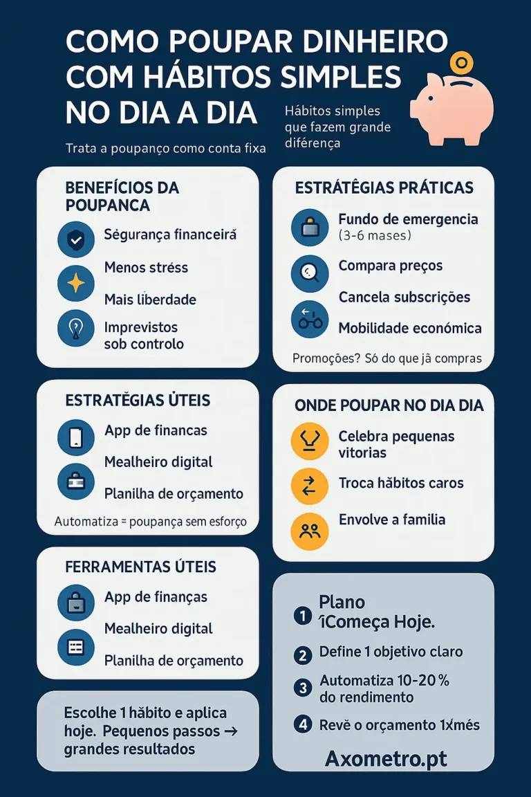 Infográfico “Como Poupar Dinheiro”: orçamento, listas de compras, reduzir energia/água, levar marmita, fundo de emergência, comparar preços, apps e plano “Começa Hoje”.