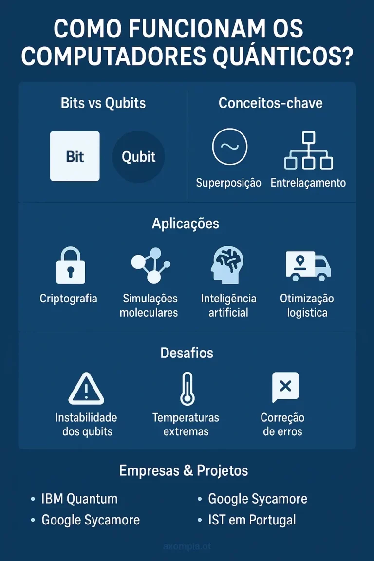 Infográfico explicativo sobre como funcionam os computadores quânticos, com destaque para qubits, superposição, entrelaçamento, aplicações e desafios.