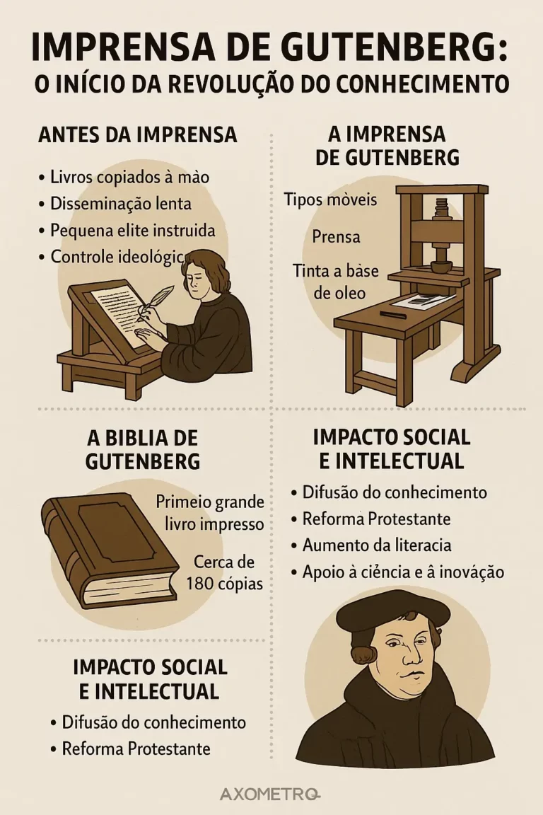 Infográfico sobre a Imprensa de Gutenberg, mostrando o contexto antes da invenção, os elementos técnicos da imprensa, a Bíblia de Gutenberg e o impacto social e intelectual da tipografia.