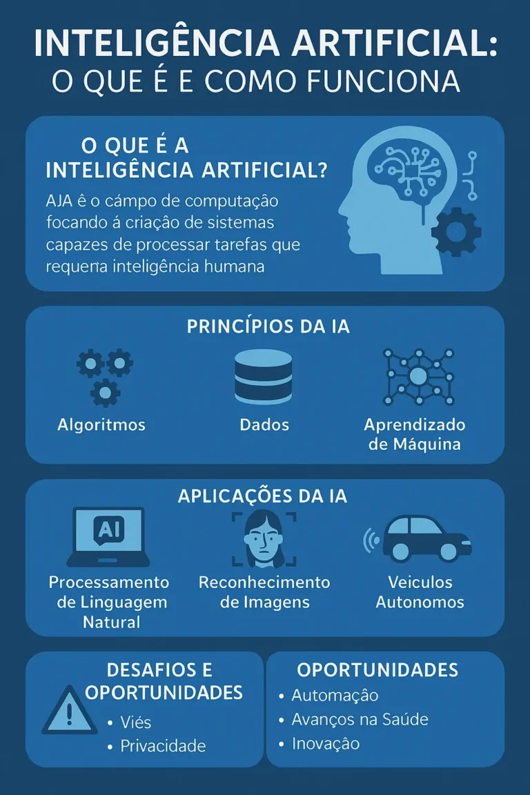 Infográfico explicativo sobre inteligência artificial com definições, aplicações práticas, funcionamento técnico, e os principais desafios e oportunidades da IA.