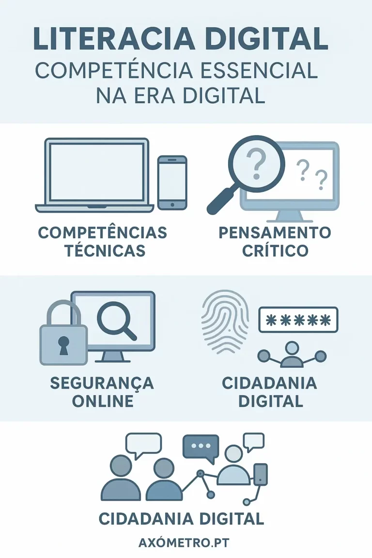 Infográfico dividindo a literacia digital em quatro áreas: competências digitais, pensamento crítico, segurança na internet e cidadania digital, com ícones visuais simples.