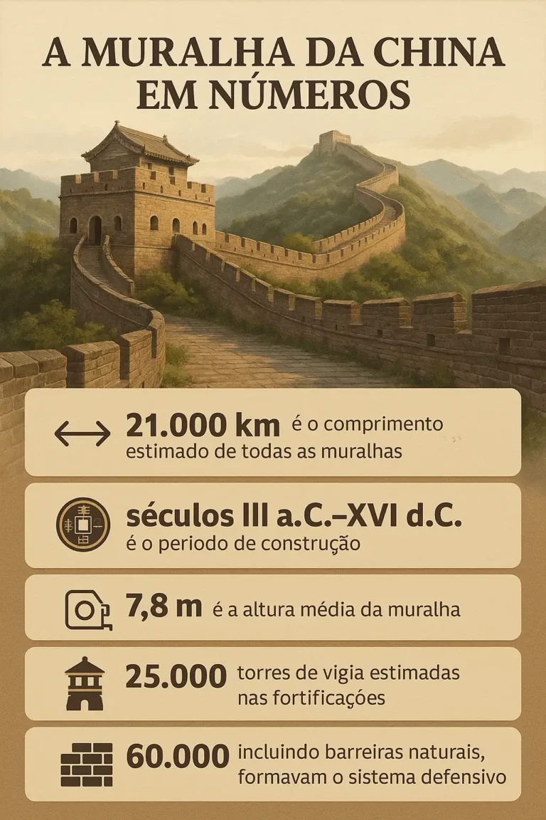 Infográfico com ilustração da Muralha da China e dados sobre a sua extensão, período de construção, altura média, número de torres de vigia e componentes do sistema defensivo.