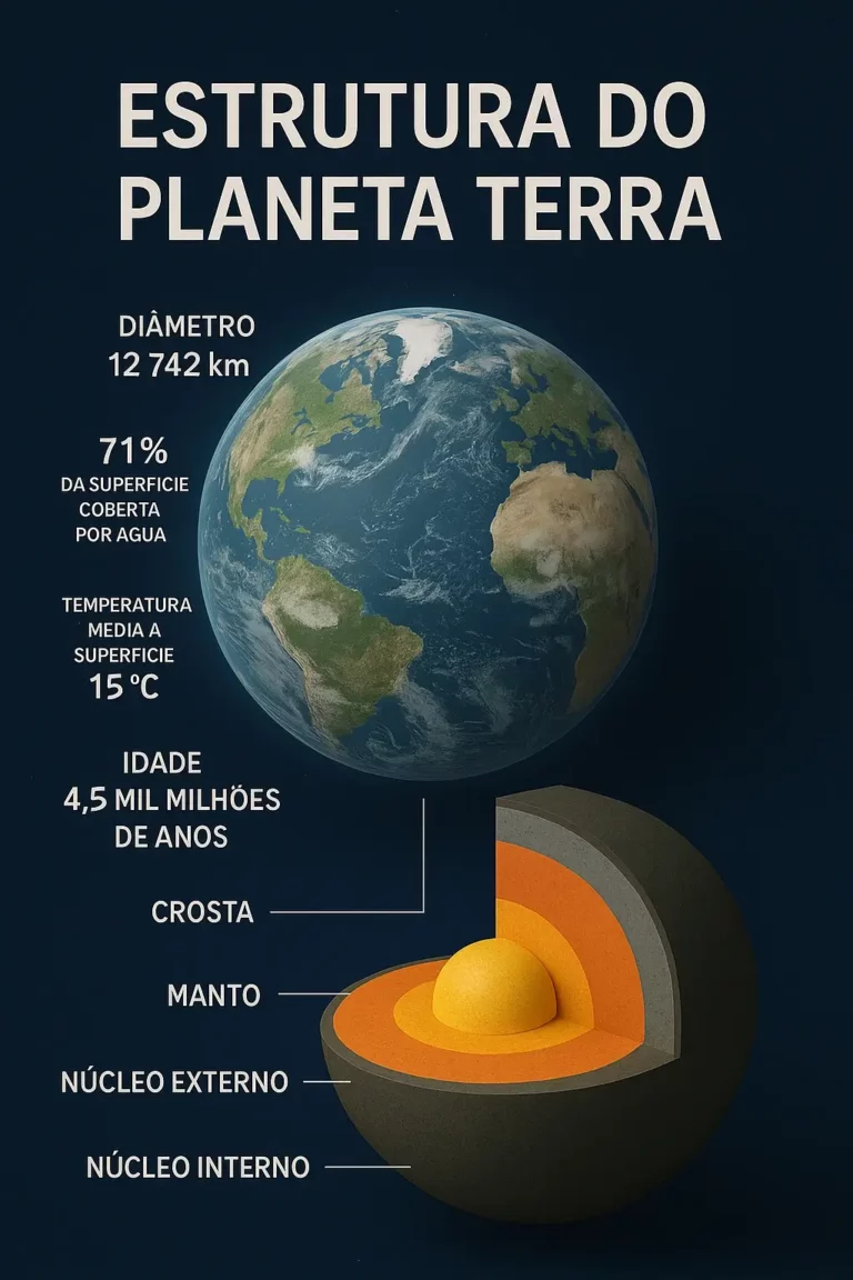 Infográfico com a estrutura interna do planeta Terra, mostrando a crosta, manto, núcleo externo e núcleo interno, acompanhado de dados sobre o diâmetro, cobertura de água, temperatura média e idade da Terra.