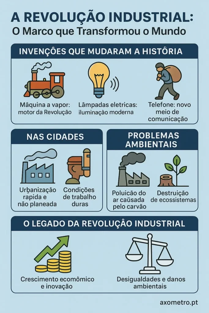 Infográfico sobre a Revolução Industrial com quatro blocos temáticos: invenções históricas, impacto nas cidades, problemas ambientais e legado industrial.