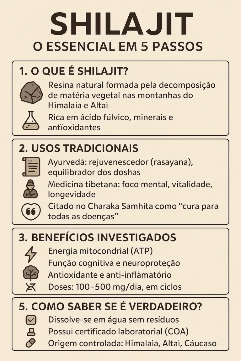 Infográfico explicativo sobre o shilajit, destacando a sua origem nas montanhas, benefícios para a saúde, formas de consumo e cuidados ao comprar.