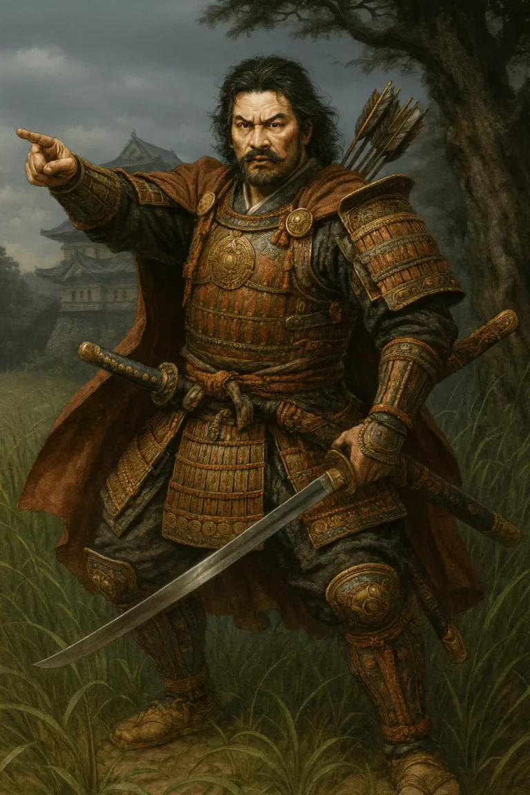 Retrato ultra realista de Minamoto no Yoritomo, o primeiro shogun do Japão, vestindo armadura samurai dourada e vermelha, símbolo da ascensão dos samurais japoneses.
