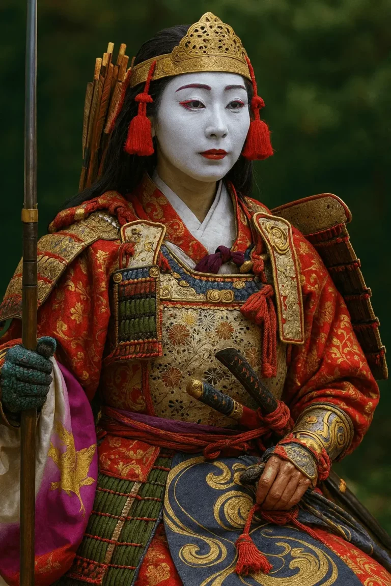 Guerreira japonesa Onna-bugeisha com armadura tradicional detalhada, maquiagem branca e arma naginata, símbolo da coragem e do legado dos samurais.