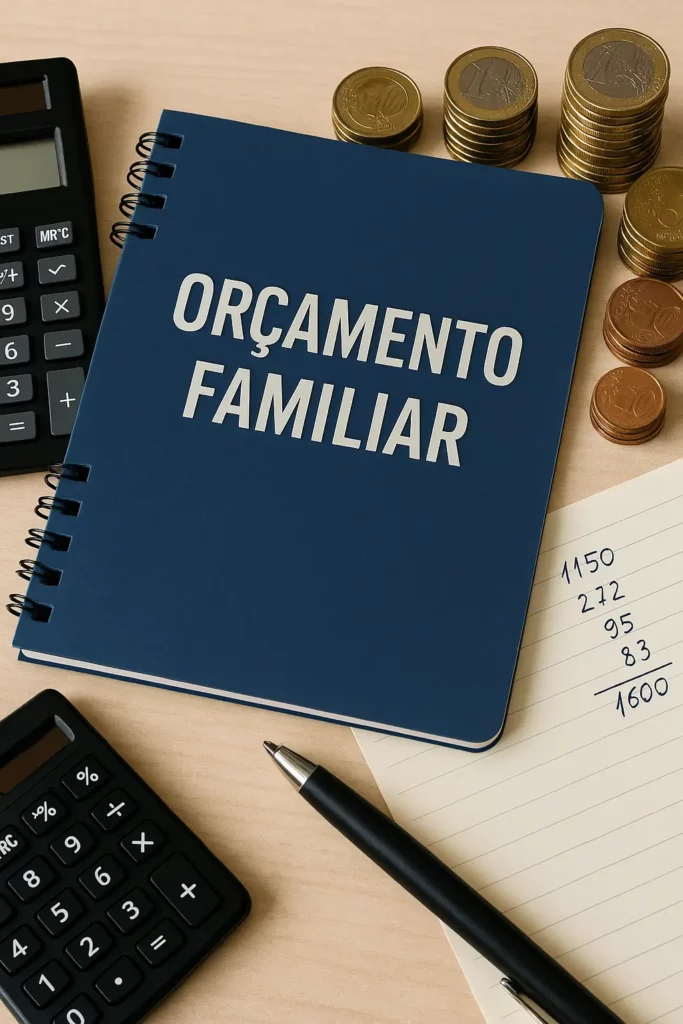 Imagem de cima de um cenário de planeamento financeiro, com um caderno azul marcado "ORÇAMENTO FAMILIAR", uma calculadora preta, moedas de euro e uma folha com registos escritos à mão, sobre uma mesa de madeira clara.