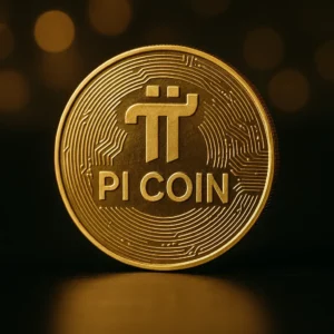 Moeda dourada com o logótipo da Pi Coin ao centro, iluminada sobre fundo escuro com efeito bokeh.