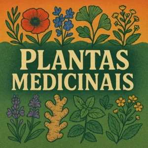 Imagem de capa ilustrada com várias plantas medicinais em estilo vintage e o título “Plantas Medicinais” em destaque.