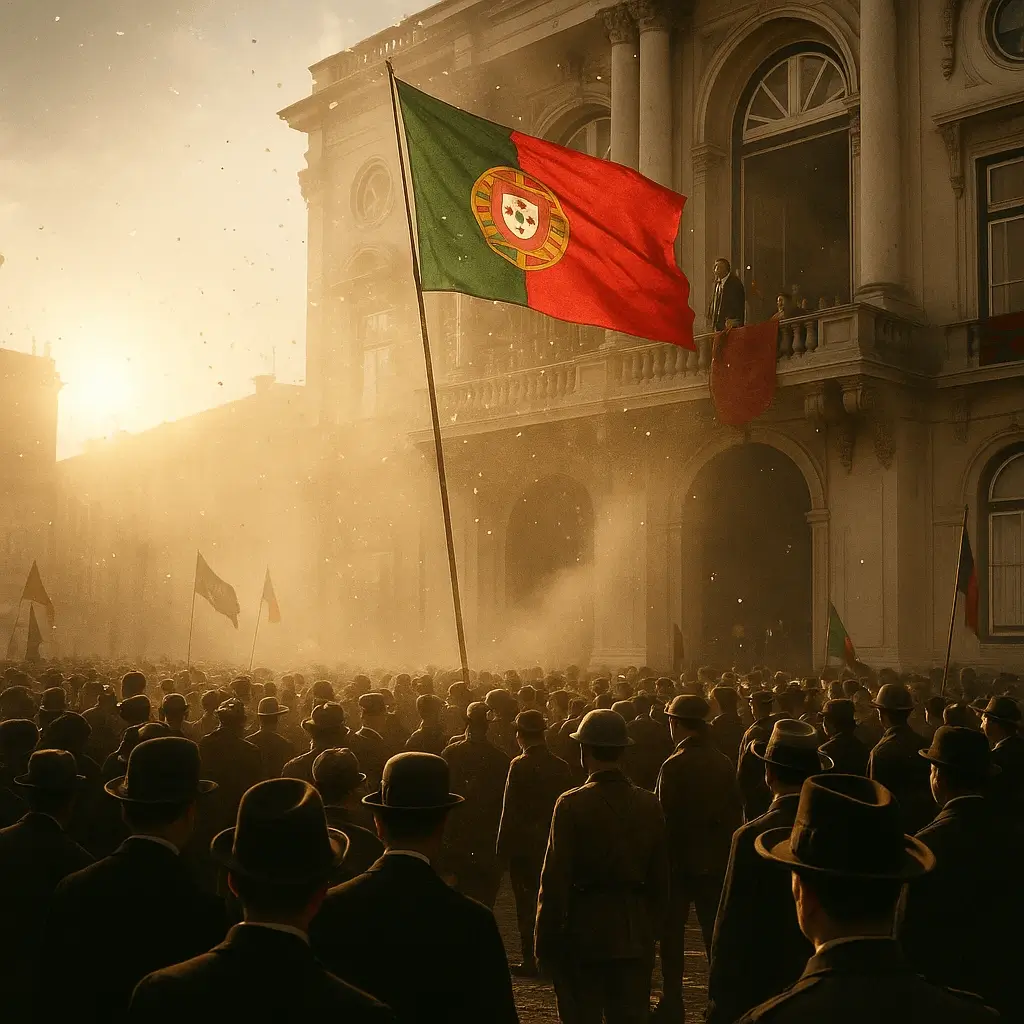 Proclamação da Primeira República Portuguesa (5/10/1910) nos Paços do Concelho de Lisboa, bandeira verde-rubra e multidão em celebração.