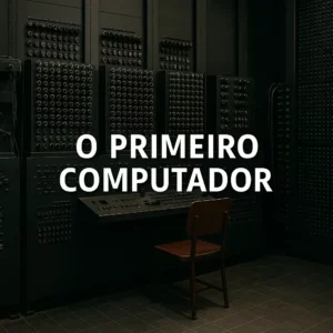 Imagem realista do ENIAC com painel cheio de interruptores e dials, cadeira à frente e texto “O Primeiro Computador” ao centro.