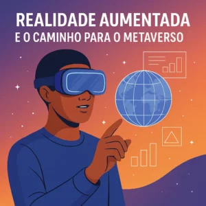 Jovem imerso em realidade aumentada, interagindo com um globo 3D holográfico enquanto usa um headset, com fundo vibrante e frase sobre o metaverso.