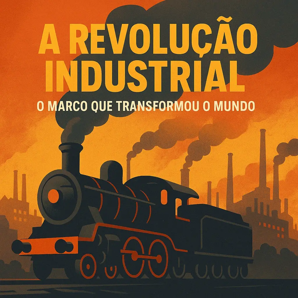 Ilustração digital de um comboio a vapor em frente a fábricas fumegantes sob um céu laranja, simbolizando os avanços e desafios da Revolução Industrial.