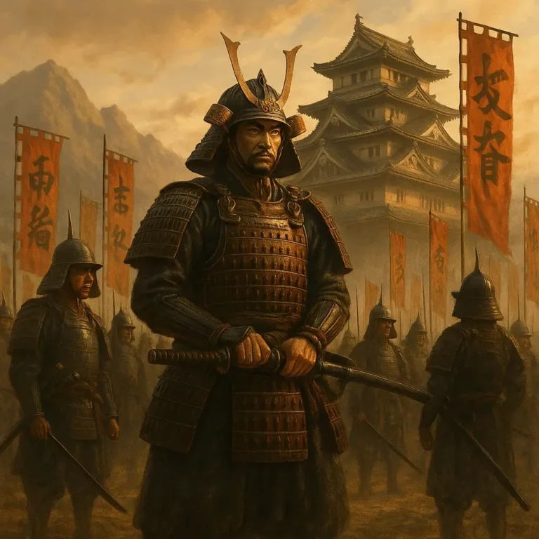 Grupo de samurais japoneses diante de um castelo feudal com bandeiras de clãs, simbolizando a origem dos samurais e o nascimento do primeiro shogunato.