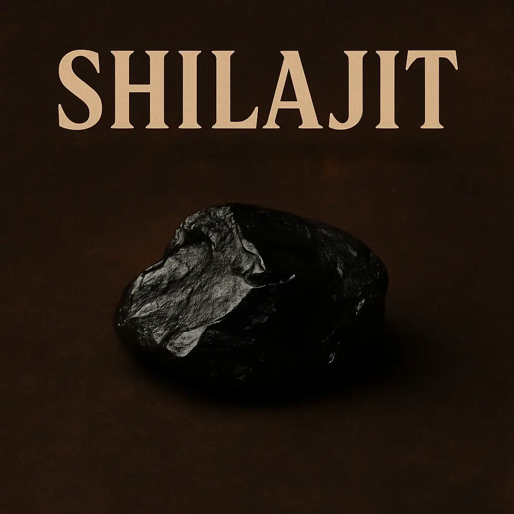 Capa visual com a palavra “Shilajit” em destaque sobre fundo escuro, acompanhada de uma amostra realista da resina negra em textura brilhante.