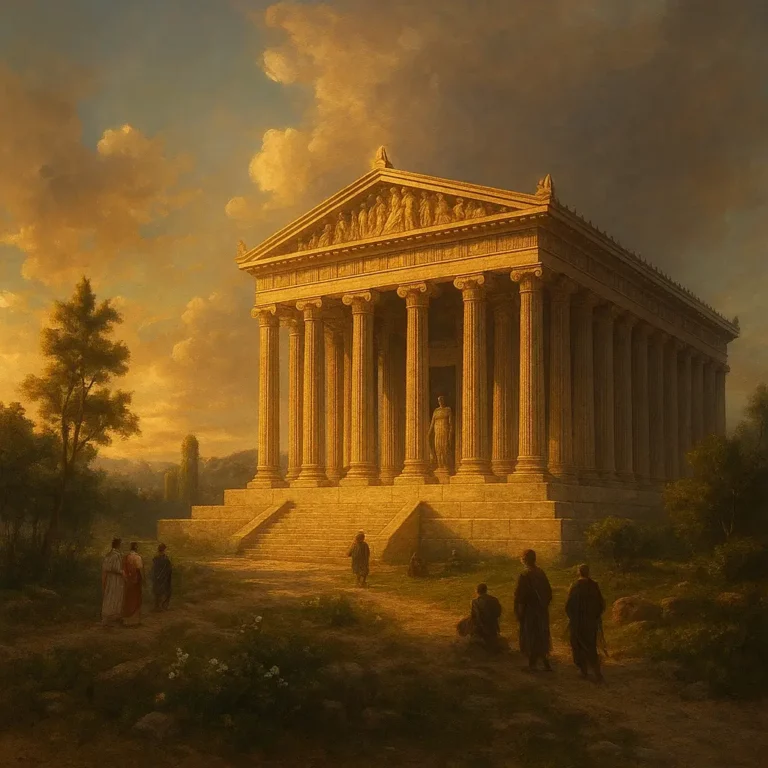 Representação realista do Templo de Ártemis em Éfeso, uma das 7 maravilhas do mundo antigo, com colunas jónicas brancas sob céu dourado.