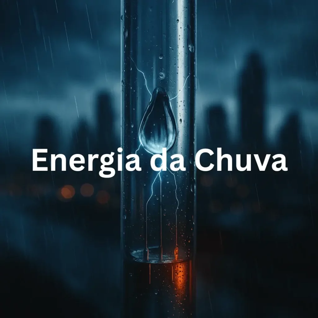Gota de chuva num tubo transparente com descargas el&eacute;tricas e cidade desfocada ao fundo, simbolizando transformar &aacute;gua da chuva em energia limpa e renov&aacute;vel.